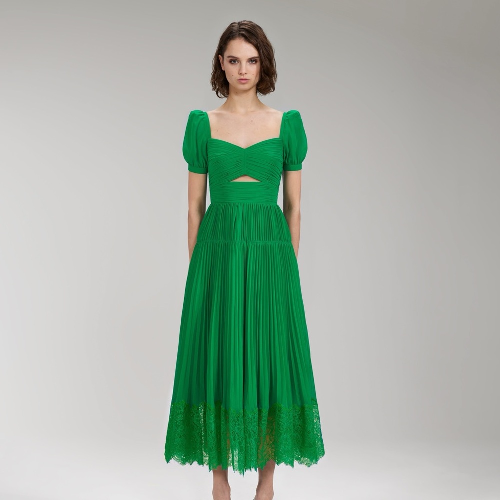 Bright Green Chiffon Cut Out Midi Dress - NWT